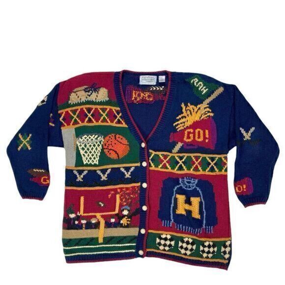 Northern Isles Sweater Womens 2X Blue Varsity Back to School Hand Knit Cardigan - Picture 2 of 16